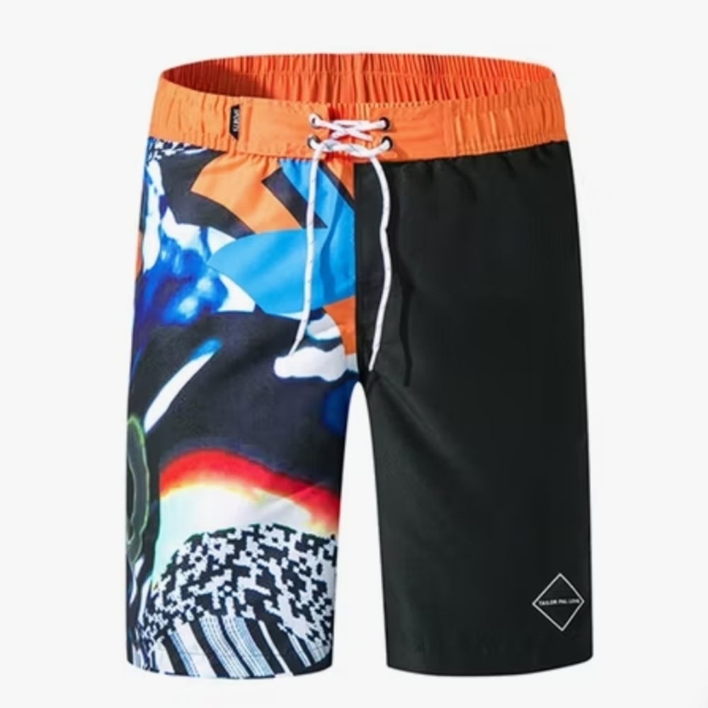 Black and Orange Asymmetrical Board Shorts with Drawstring